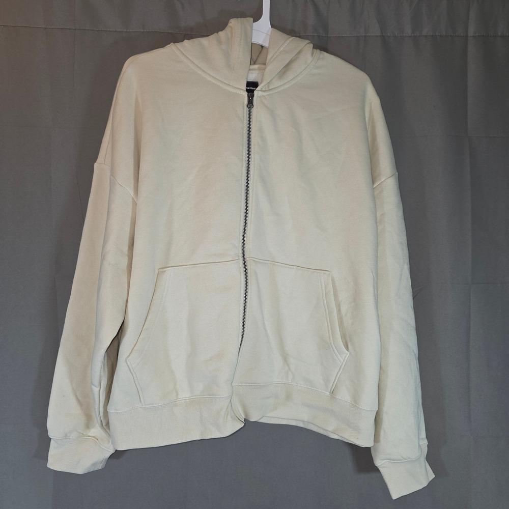 Original Use Mens Boxy Fit Drop Shoulder‎ Full Zip Hoodie Light Beige XL New